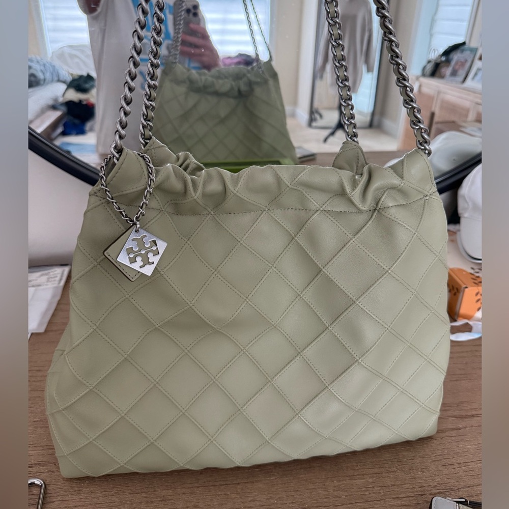 4 Piece Set! Tory Burch Quilted Chain Shoulder Bag - Fleming in Olive Sprig